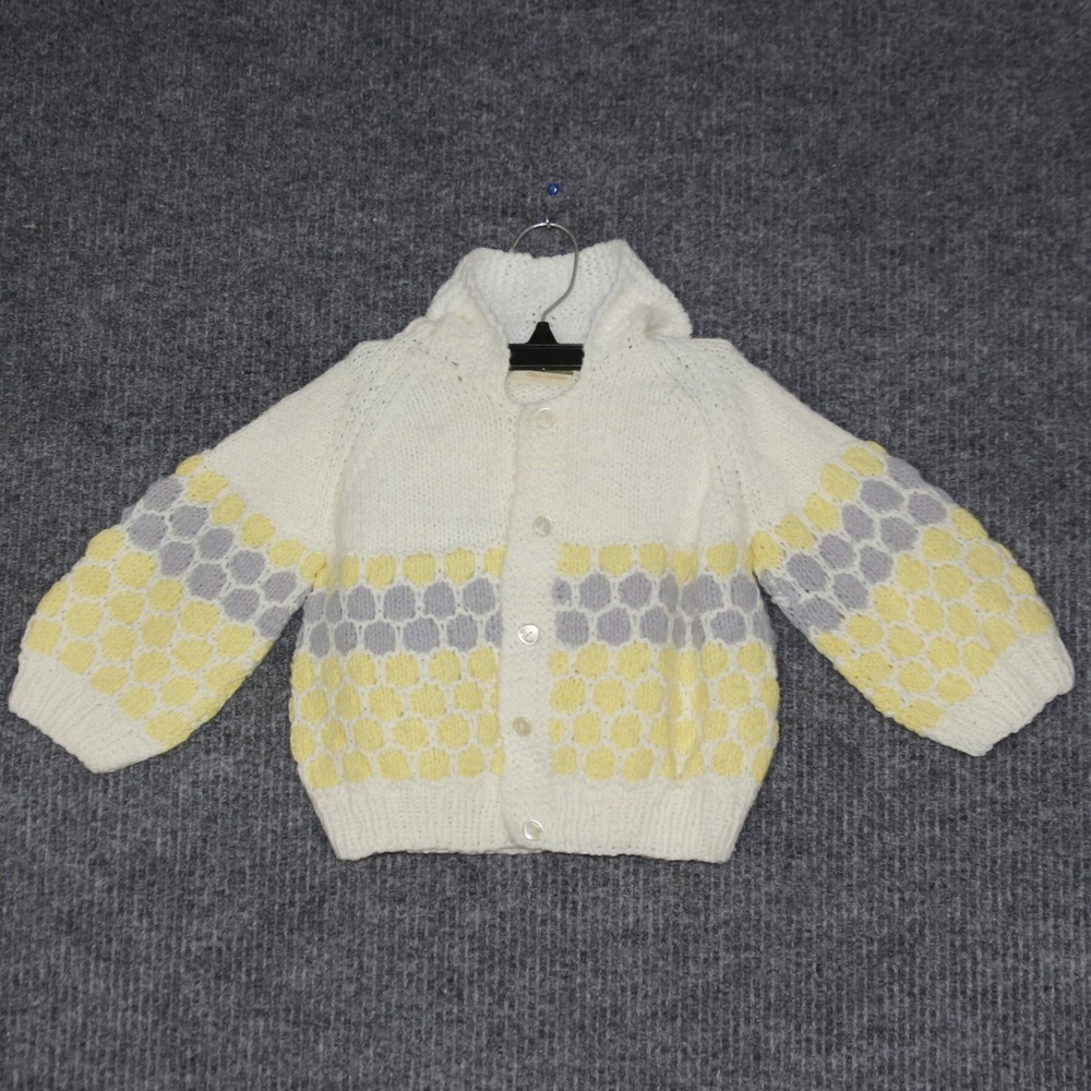 VTG Handmade Baby Cardigan Sweater White Yellow Honeycomb Hooded‎ Snap Buttons